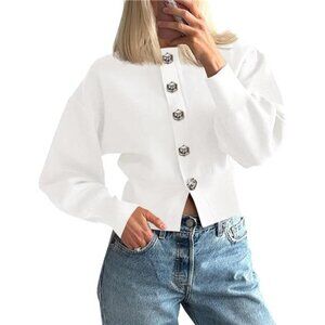 Button-Up Cardigan – Lantern Sleeve Knit Crew Neck Sweater Jacket (Fall Trendy)